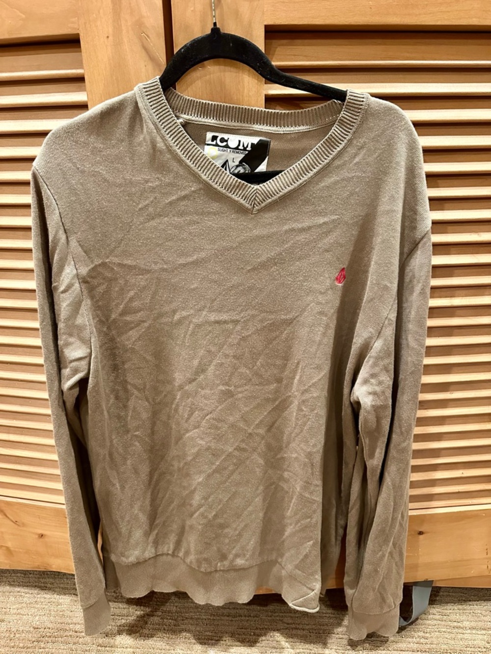 Volcom Men's V-Neck Sweater in Taupe with Red Logo